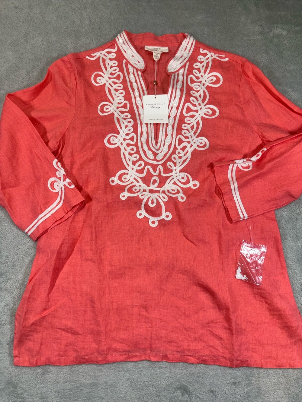 Charter Club Luxury Linen Embroidered Boho Tunic Top Coral Red/Pink Medium NWT